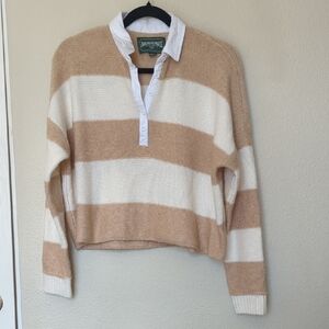 American Eagle Outfitters Women's Cream and Tan Striped V-Neck Sweater